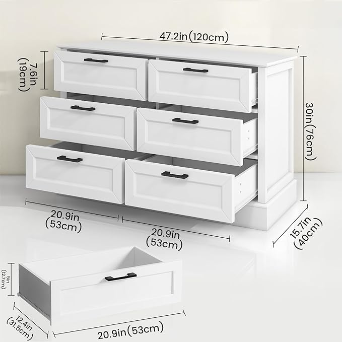 White Dresser for Bedroom with 6 Drawer, Bedroom Furniture Organizer Storage, Wood Double Dresser & Chest of Drawers, Modern Farmhouse Style, Dressers for Closet, Living Room 30” Tall