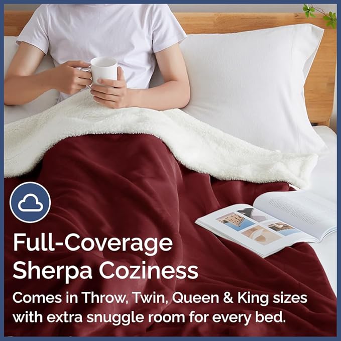 Sherpa Fleece Blanket Queen Size - Reversible Sherpa Fleece Queen Blanket - Super Soft Double Sided for Bed, Sofa, Couch - Thick, Warm, and Plush - Luxurious Bedding for Winter - Burgundy, 90" x 90"