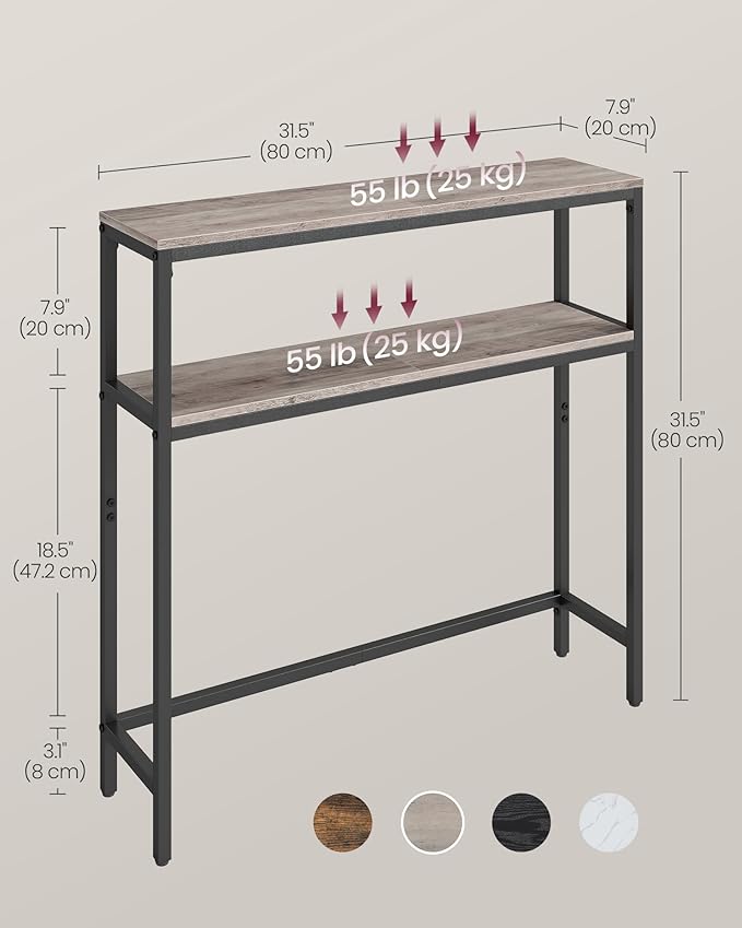 VASAGLE Console Table, 2-Tier Narrow Sofa Table with 2 Shelves, 7.9 x 31.5 x 31.5 Inches, for Living Room, Hallway, Entryway, Heather Greige and Ink Black ULNT130K02V1