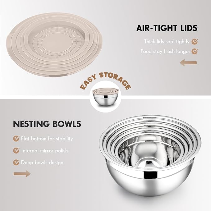 E-far Stainless Steel Mixing Bowls with Lids, 5-Pack Metal Nesting Bowls with Airtight Covers for Cooking, Baking, Serving, Storage, Non-toxic & Dishwasher Safe, Size 4.6/3/1.5/1/0.7QT - Khaki