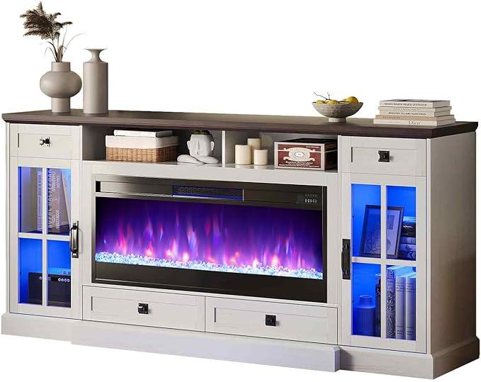 AMERLIFE 70“ Fireplace TV Stand for 80 Inch TV, Farmhouse TV Stand with 42" Fireplace & LED Lights, Entertainment Center with Storage Drawers & Cabinets, Antique White