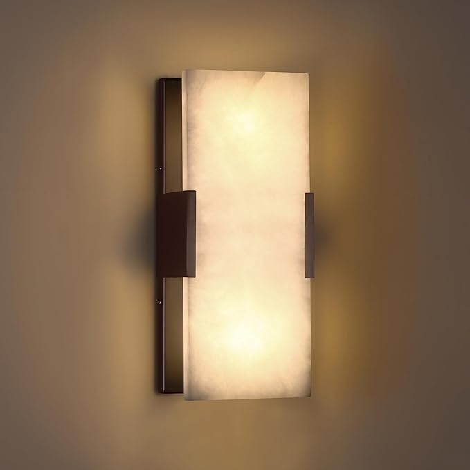 Doraimi Lighting 2 Light 12" Natural Square Alabaster Marble Bathroom Wall Sconce Modern Concise Style Wall Light Fixture,Oil Rubbed Bronze Finish for Bedroom Hallway Bedside Living Room