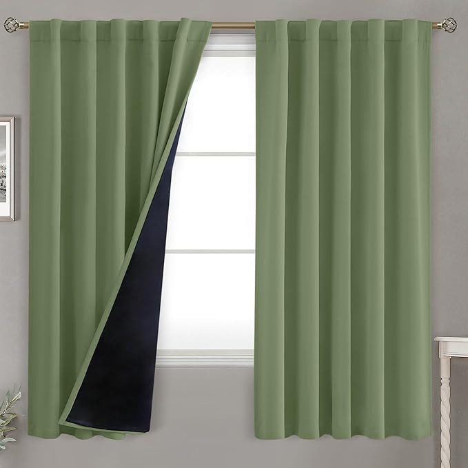 BGment Grass Green 100% Blackout Curtains 63 Inch Length with Reducing Noise Liner, Rod Pocket and Back Tab Double Layer Full Room Darkening Window Curtain for Bedroom, 2 Panels, Each 42 x 63 Inch