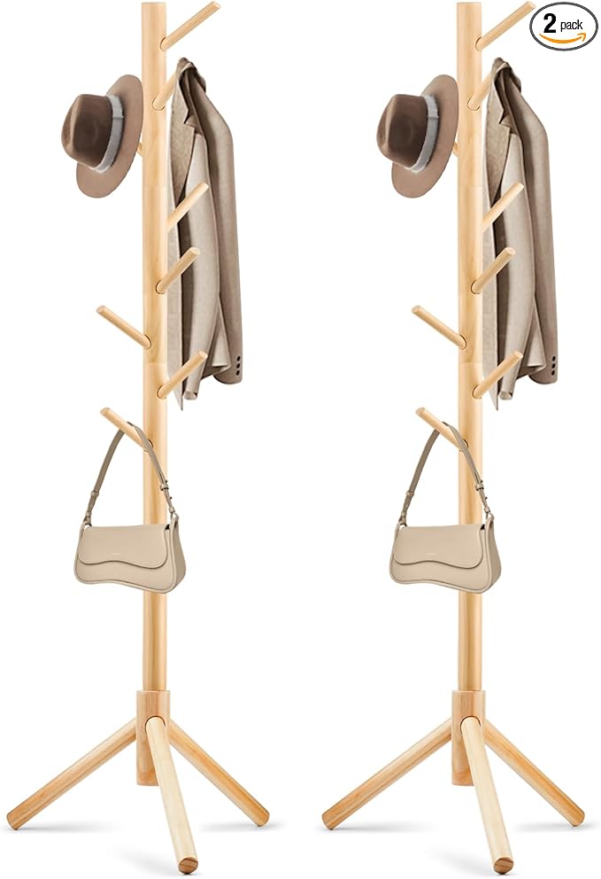 2 PCS Coat Rack, Freestanding Coat Rack with 8 Hooks and 3 Adjustable Size Tree Coat Racks for Bedroom, Hallway, Entrance, Office, for Hats, Coats, Scarves, Handbags