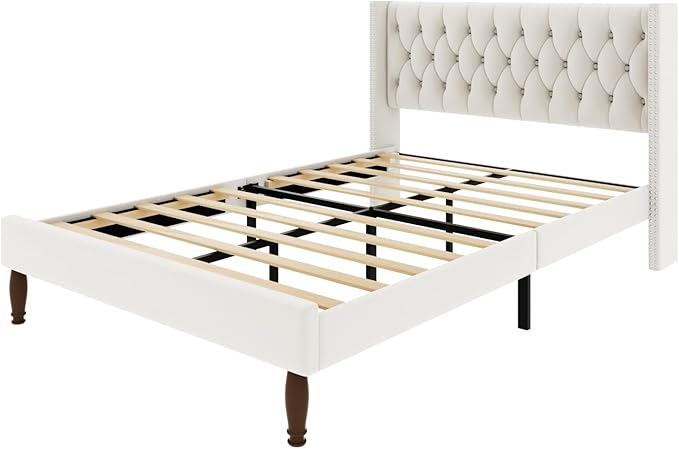 Queen Size Velvet Upholstered Bed Frame, 49.2" Tall Wingback Headboard, Deep Button Tufted, No Box Spring Needed, Solid Wood Legs, White