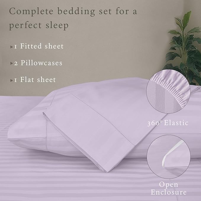 Threadmill 500 Thread Count Full-Size Damask Stripe, 4 Pc Luxury Cotton Bedding Set, Silky Smooth Lilac Sheets with 16" Elasticized Deep Pocket, 2 Pillowcases & Free Tote Bag