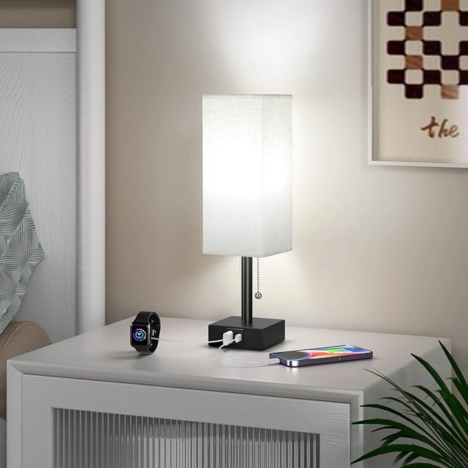 Bedside Table Lamp with 3 Color Temperatures - 3000/4000/5000K Small Lamp with USB C+A Ports, Nightstand Lamp with 3 Color Modes by Pull Chain, Bedroom Lamp for Living Read Work(LED Bulb Included)