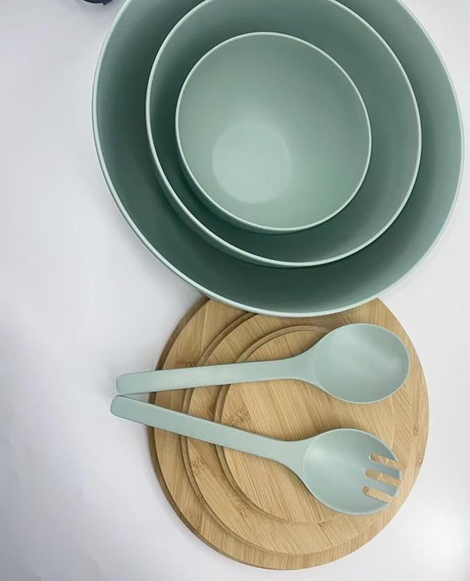 Salad Bowls Set of 3 with Lid & Serving Utensils, Bamboo Fiber Mixing Bowls Set Large Serving Bowls & Storage Set with Bamboo Lid for Salad, Kitchen Eating, Pasta, Popcorn, Chips, Fruit, Cyan