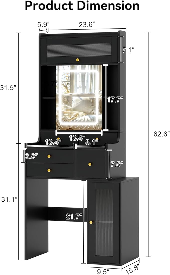 ARTETHYS Small Vanity Desk with Sliding Mirror and Lights Black Makeup Vanities Set with Drawers Compact Dressing Table with Cabinet and Adjustable Shelves for Bedroom