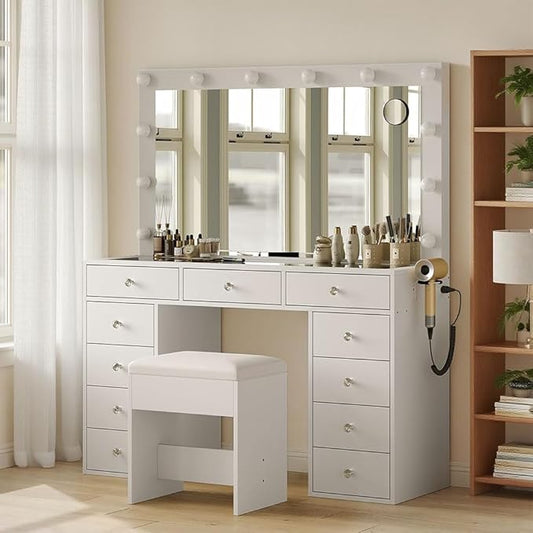 Vanity Desk with Mirror and Lights, Makeup Vanity Desk with Lights 3 Colors, Reinforced Glass Vanity, Makeup Vanity with 11 Storage Drawer, Dressing Table for Bedroom Dressing Room (White)