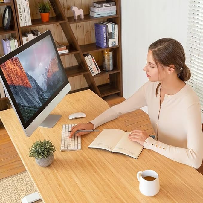 FLEXISPOT EN1 Bamboo Standing Desk, 55 x 28 Inches One-Piece Electric Adjustable Height Desk (Silver Frame + Bamboo Curved Desktop, 2 Packages)