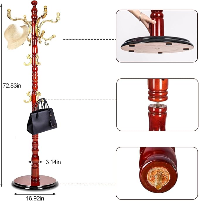 Coat Racks freestanding, High-grade Wooden Tree Rack, hall tree With 14 Hooks & Stable Disc Base, For such as coats, jackets, Home Office Entry-way hanger Organizer (Begonia color)