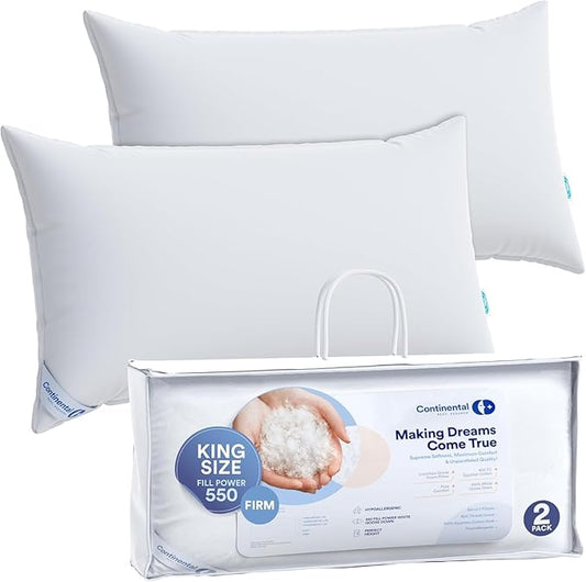 Firm Goose Down Pillow 2 Pack King Size 36 Ounce 20x36 Inch RDS Certified Fine Cotton Shell - Made in USA - Firm White Down Pillow