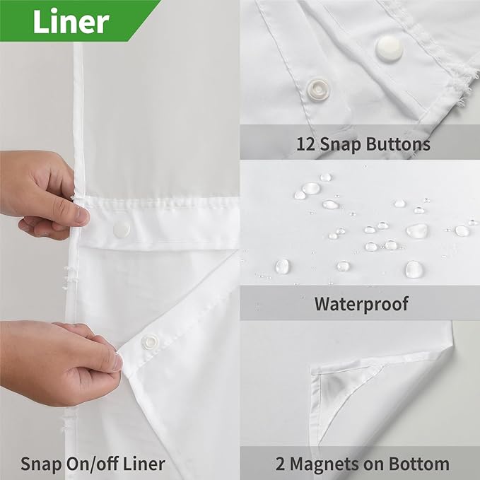 Extra Long No Hook Tufted Chevron Striped Shower Curtain with Snap-in Fabric Liner set-71Wx86H(84H),White Hotel Grade Boho Style Shower Curtain,Water Repellent