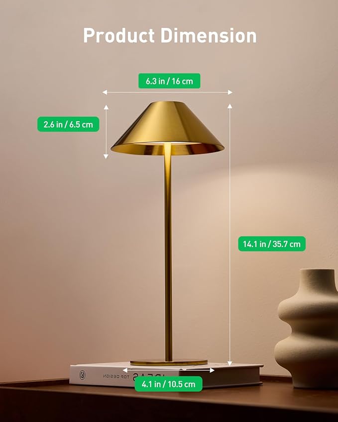 Bojim Gold Cordless Lamp Set of 2, Rechargeable Touch Table Lamps with 3 Color Dimming, Portable Wireless Lamps for Reading/Home Decor