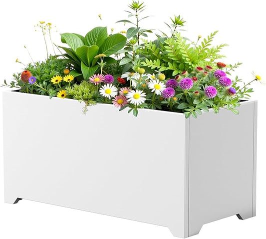 Metal Large Rectangular Planter 32" L x 15" W x 15" H,- Long Planter Box with 6 Drainage Holes & Raised Bottom, White Planter Boxes Outdoor Modern Design for Patio, Garden, Porch