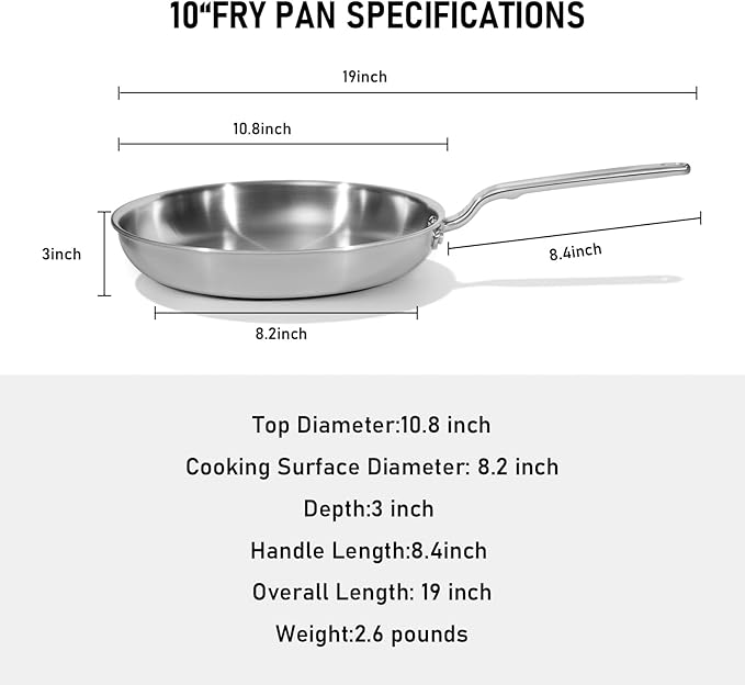 10 Inch Stainless Steel Frying Pan - 5 Ply Stainless Clad Skillet with Aluminum Core, Durable and Even Heating, Professional Cookware for Induction, All Stoves, Oven and Dishwasher Safe