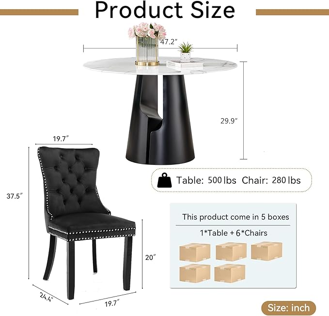 7-Piece Faux Marble Round Dining Table Set for 6, Modern Luxury Kitchen Table Set for 6 with Black Tufted Chairs,Circle Dining Tables with White Marble Grain Top and Black Pedestal Base
