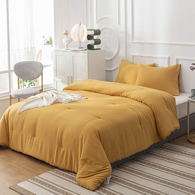 Cottonight Mustard Yellow Comforter Sets Queen Dark Yellow Comforter Full Lightweight Cozy Mustard Bedding Comforter Sets Ginger Yellow Blanket Quilts Soft Comfy for Women Men Adults Teens
