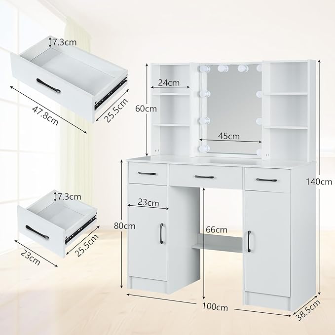 JBLCC Vanity Desk with Mirror and Lights, 39.4‘’ White Makeup Vanity with 3-Color Lighted Mirror, 5 Drawers & Open Shelves, Big Vanity Table for Bedroom, Girls & Women