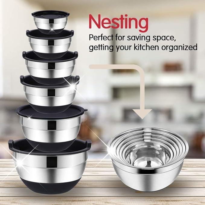 Mixing Bowls Set with Airtight Lids, 20PCS Stainless Steel, Nesting Bowls with 3 Grater Attachments & Non-Slip Bottoms, Size7, 4, 3, 2, 1.5, 1QT Bowls for Baking&Prepping