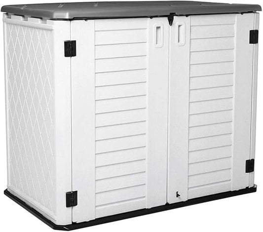 Horizontal Outdoor Garden Storage Shed for Backyards and Patios, Plastic Storage Box Waterproof, Small Shed 26 Cubic Feet Capacity for Bike, Garbage Cans, Lawn Mower, Tools and Garden Accessories