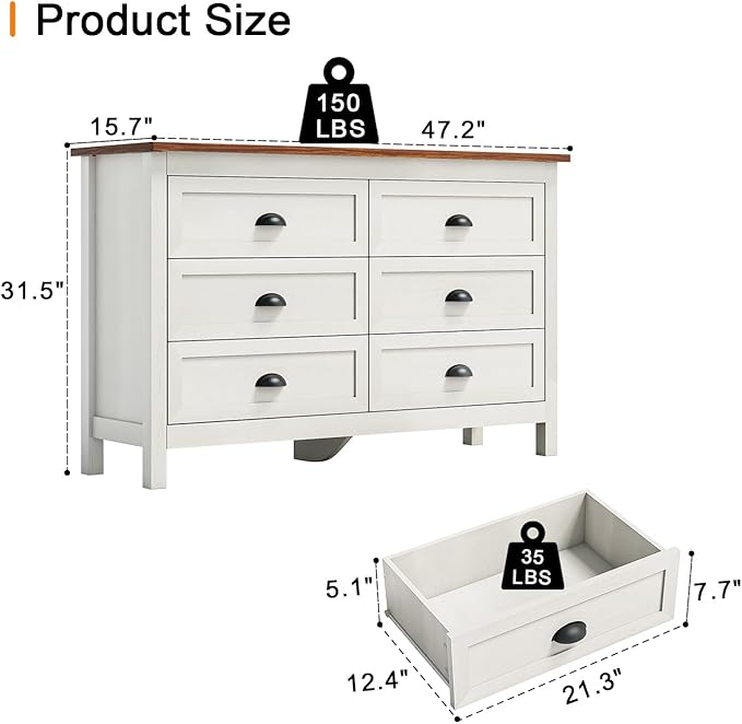Wananlanen® Farmhouse Dresser for Bedroom, Antique Double Dresser & Chest of Drawer with Vintage Handle and Storage, Wooden Tall Rustic Organizer for Bedroom (Antique White, 6 Drawer)