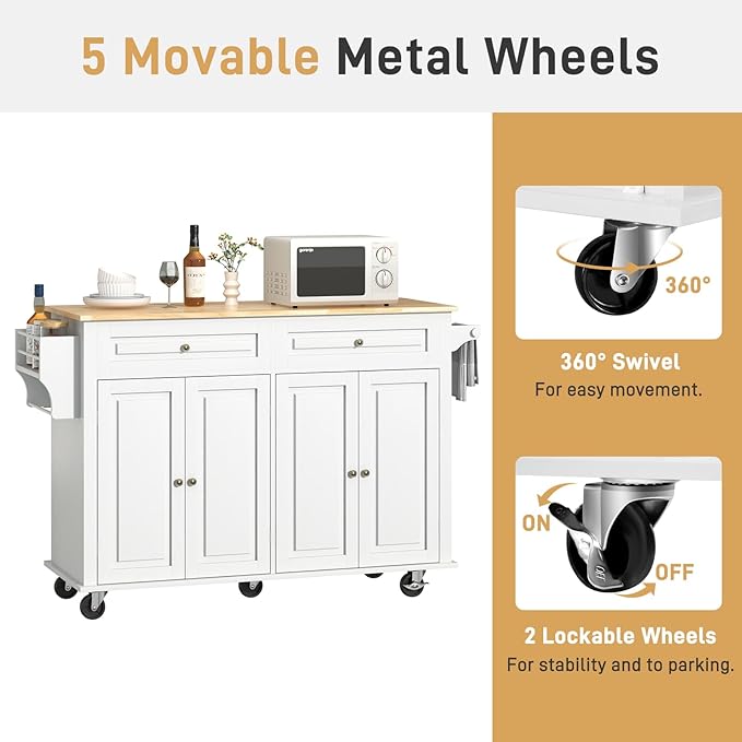 55" Movable Kitchen Island with Drop Leaf and Power Outlet, Rolling Island Cart w/Storage Cabinet, Island Table on Wheels for Kitchen w/2 Drawers, Spice Rack, Towel Bar, Garage Hook, White