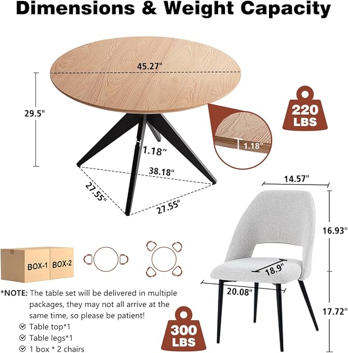 Kidol & Shellder 45.2" Round Dining Table Set for 2-4 People Modern MDF Wooden Dining Room Round Table with X-Shaped Metal Base Kitchen Table（Natural Table+2pcs Beige Chairs）