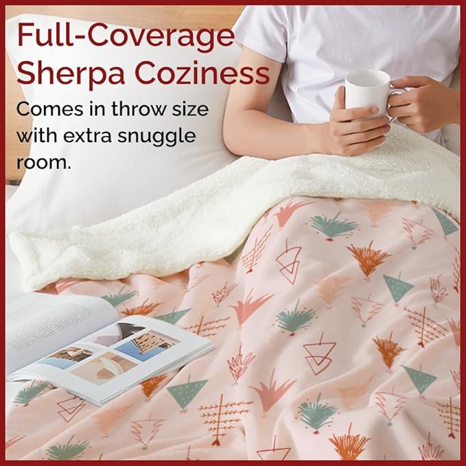 Christmas Sherpa Blanket Throw Size - Reversible Sherpa Fleece Blanket - Super Soft Double Sided Throw for Bed, Sofa, Couch - Thick, Cozy & Plush - Xmas Winter Bedding - Christmas Trees, Pink, 50x60