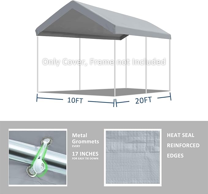 10' x 20' Carport Replacement Canopy Cover for Carport Frame Garage Top Tarp Shelter Tent Party Heavy Duty (Only Top Cover, Frame is not Included) (Gray, 10' x 20')
