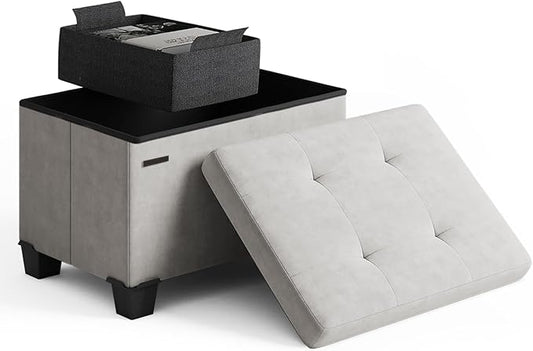 STORAGEBUD Storage Ottoman Cube with Small Bin, 16-in Square Ottoman with Storage for Living Room and Bedroom, Small Ottomans Foot Rest, Velvet Foot Stools Ottomans Max 330lbs, Light Grey