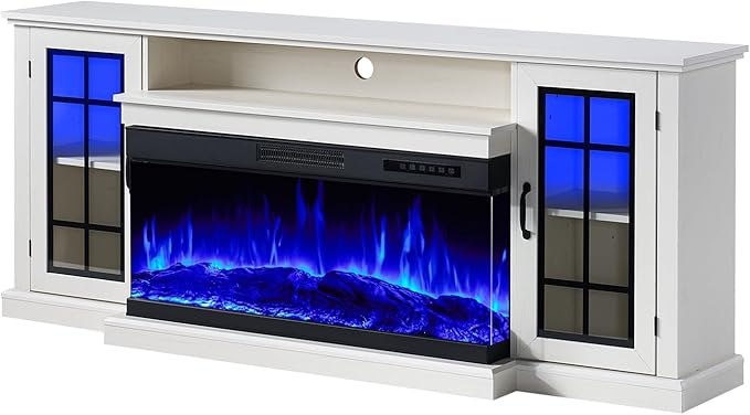 AMERLIFE 75in 3-Sided Glass Fireplace TV Stand with LED Lights for TVs up to 85", Rustic Fireplace Media Entertainment Center Console Table Cabniet with Glass Door Closed Storage, Distressed White