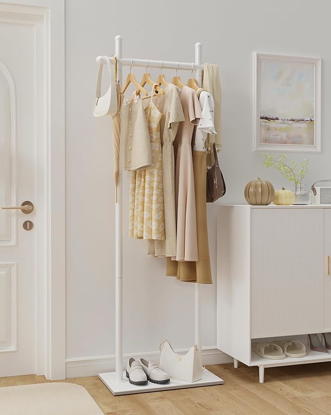 Coat Rack Freestanding with Natural Rock Base, Metal Coat Hanger Stand, Industrial Garment Rack, Clothes Tree, Suitable For Outerwear, Hats, Handbags, 68.9in, White