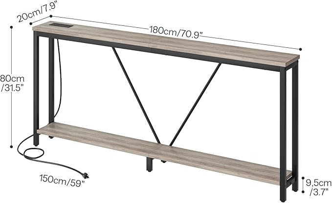 HOOBRO 70.9" Extra Long Sofa Console Table with Charging Station, 2-Tier Behind Couch Table with V-Brace, for Narrow Entryway, Hallway, Living Room, Greige BG186UXG01