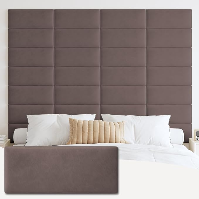 iNOW Wall Mounted Upholstered Headboard King, 3D Peel and Stick Soundproof Wall Panels, Reusable and Removable Padded Leather Bed Headboard, 12 Panels 9.84" x 23.62", Dark Skin