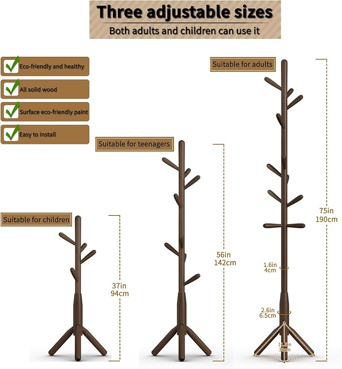 Solid Wood Coat Rack, Freestanding Tree-Shaped Coat Rack with 11 Hooks, Main Pole 1.6" dia,for Clothes, Hat Stand Used in Bedroom/Office/Entryway (3-Leg Base, Dark Walnut)