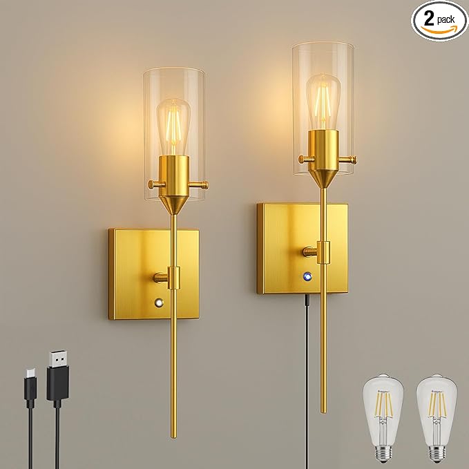 Dimmable Battery Operated Wall Sconce Set of Two, Rechargeable Wall Lamp No Hardwire, Wireless Wall Mounted Light for Bedroom Bathroom Kitchen Vanity Mirror, Bulb Included