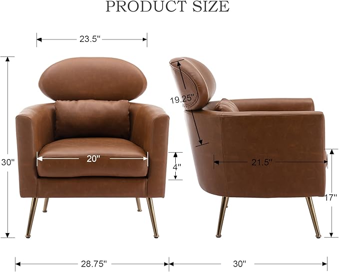 Accent Chair Set of 2 Upholstered Barrel Arm Chair for Living Room Bedroom Reception Room Office, Modern Soft Padded Single Sofa Chair with Golden Legs & Lumbar Pillow, PU Brown