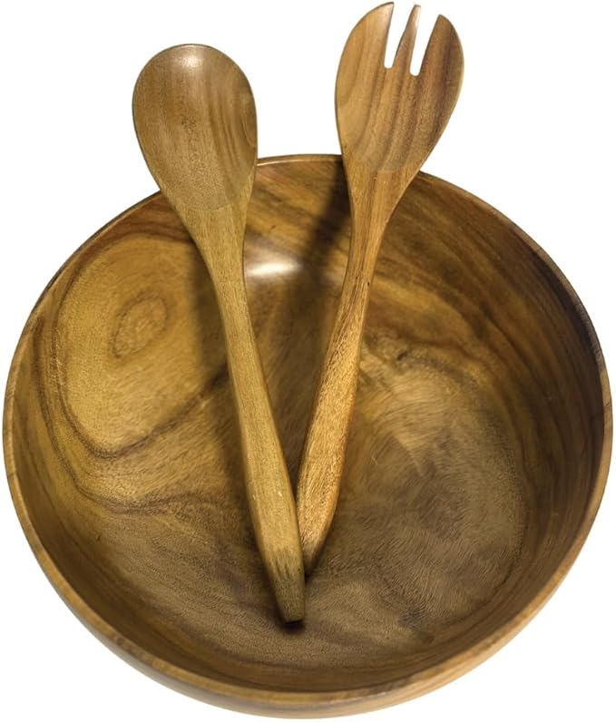 11.5 inches Acacia Wood Salad Bowl Set with 1 set spoon and fork, in a gift box, made from one pc solid acacia wood, made in Vietnam.