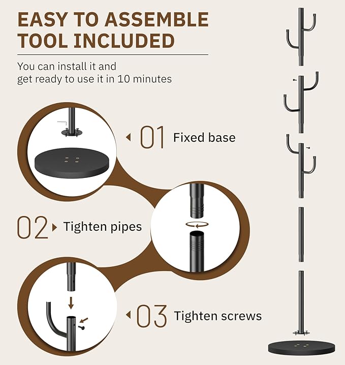 MISSLO Heavy Duty Coat Rack Freestanding 4 Adjustable Size Coat Tree with Stable Wood Base Coat Hanger Stand with 6 Hooks Standing Clothes Tree for Bedroom, Black