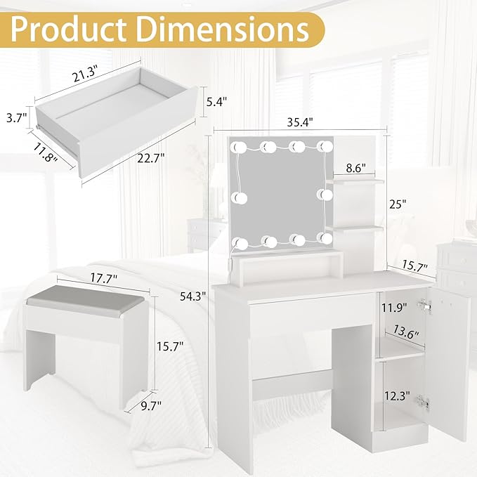 White Makeup Vanity Desk: 35" Makeup Vanity with Lights and Mirror, Wood Make Up Table with Drawers, Bedroom LED Make Up Desk and Stool Set (White)