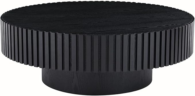 Round Coffee Table for Living Room, Accent Fluted Drum Coffee Table with Storage, Modern Solid Wood Circle Center Tea Table for Small Space Apartment (35.4''D×14''H-Black)