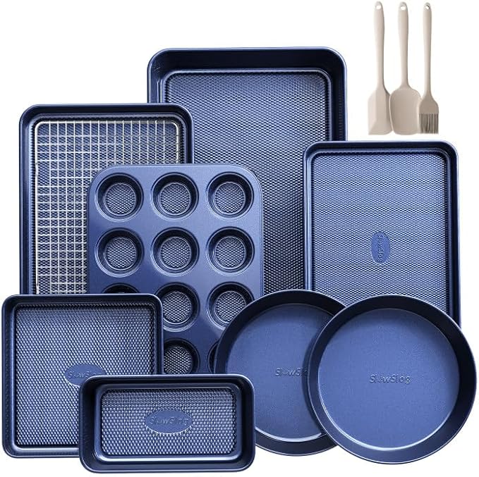 12-Piece Oven Safe Nonstick Bakeware Set with Baking Pan, Cake Pan, Muffin Pan, Loaf Pan, Square Pan, Roasting Pan, Cookie Pan, Cooling Rack & Utensils - Ceramic Coated Blue
