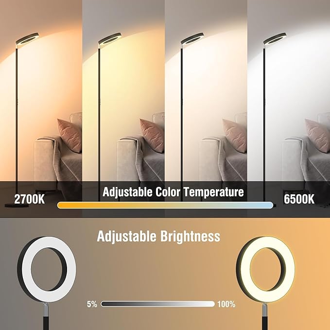 [2025 New]42W Dual-Sided Floor Lamp, RGB Color Changing LED Standing Lamp with Remote, Stepless Dimmabe Warm/Neutral/Cool Floor Light, Modern Torchiere Tall Lamps for Living Room Bedroom Gaming Party