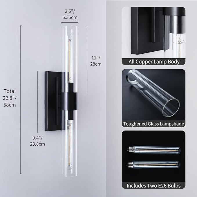 Modern Wall Sconces, 22.8in Black, 2-Light Indoor Wall Mounted Sconces, Bathroom Vanity Light for Living Room, Bedroom, Staircase