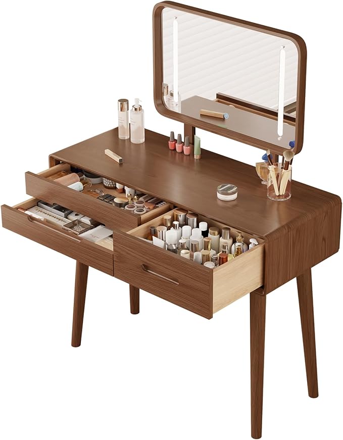 KungFuWood Soild Wood Makeup Vanity Desk with Light Mirror, Dressing Table Wooden 3 LED Lighting Modes Adjustable,3 Drawers Dresser Make up Table Height-Adjustable Mirror, for Bedroom (with Adapter)