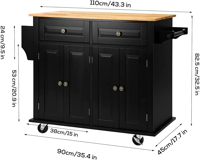 VOWNER Rolling Kitchen Island, Portable Kitchen Island with Storage, Floating Kitchen Cart with Spice Rack & Towel Rack, Drawer and Storage Cabinet, Isla para Cocina (Black)