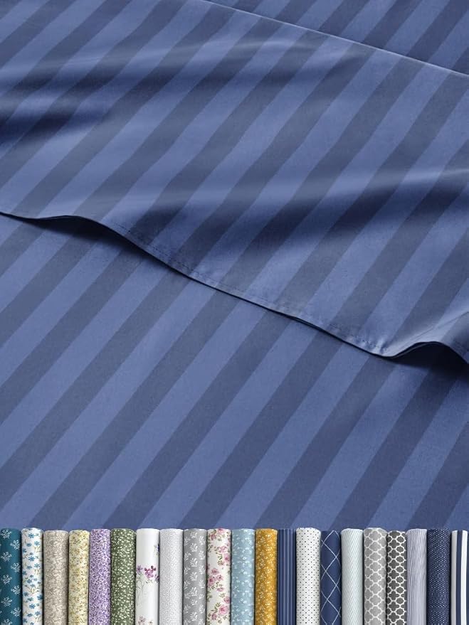 Striped Sheets - Blue Striped Sheets - 1 Flat & 1 Fitted & 2 Pillowcases w/ Deep Pockets – Comfy, Wrinkle & Fade Free - Ultra-Soft, Breathable & Cooling – Luxury Pinstripe Bedding - Full Size Bed Set