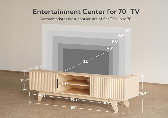 Claiks Mid-Century Modern TV Stand for 65 inch TV, Wood Fluted TV Stand with Storage and Adjustable Shelves, Low Profile TV Console for Living Room, Oak